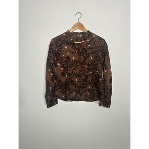 Vintage 90s DKNY City Petites Brown Leaf Print Cotton Blouse 6P Hong Kong